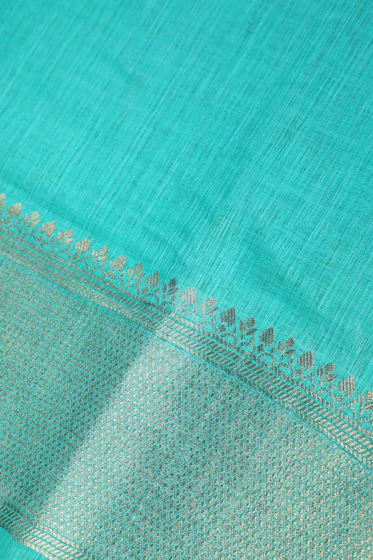Teal Blue Semi Tussar Silk with Bronze Zari Floral Patterns view 3