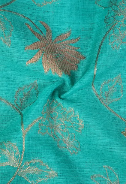 Teal Blue Semi Tussar Silk with Bronze Zari Floral Patterns