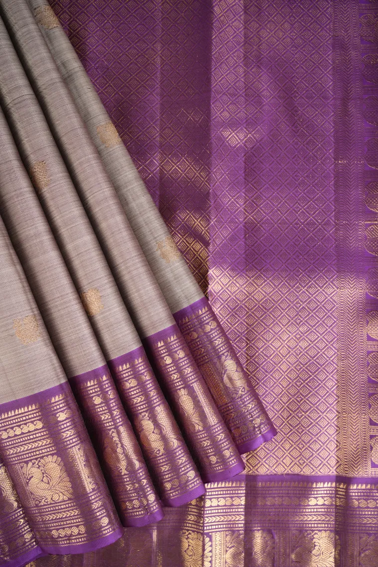 Gray Black Kanchipuram Silk Sarees with Gold Zari Peacock Motifs