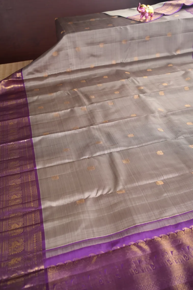 Gray Black Kanchipuram Silk Sarees with Gold Zari Peacock Motifs view 2