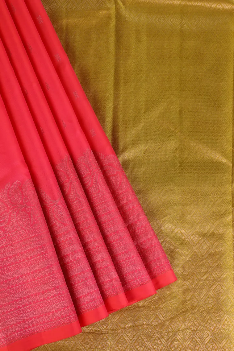 Strawberry Pink Soft Silk Saree with Silver Zari Buttis (small Dots Or Motifs)