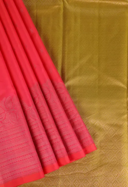 Strawberry Pink Soft Silk Saree with Silver Zari Buttis (small Dots Or Motifs)