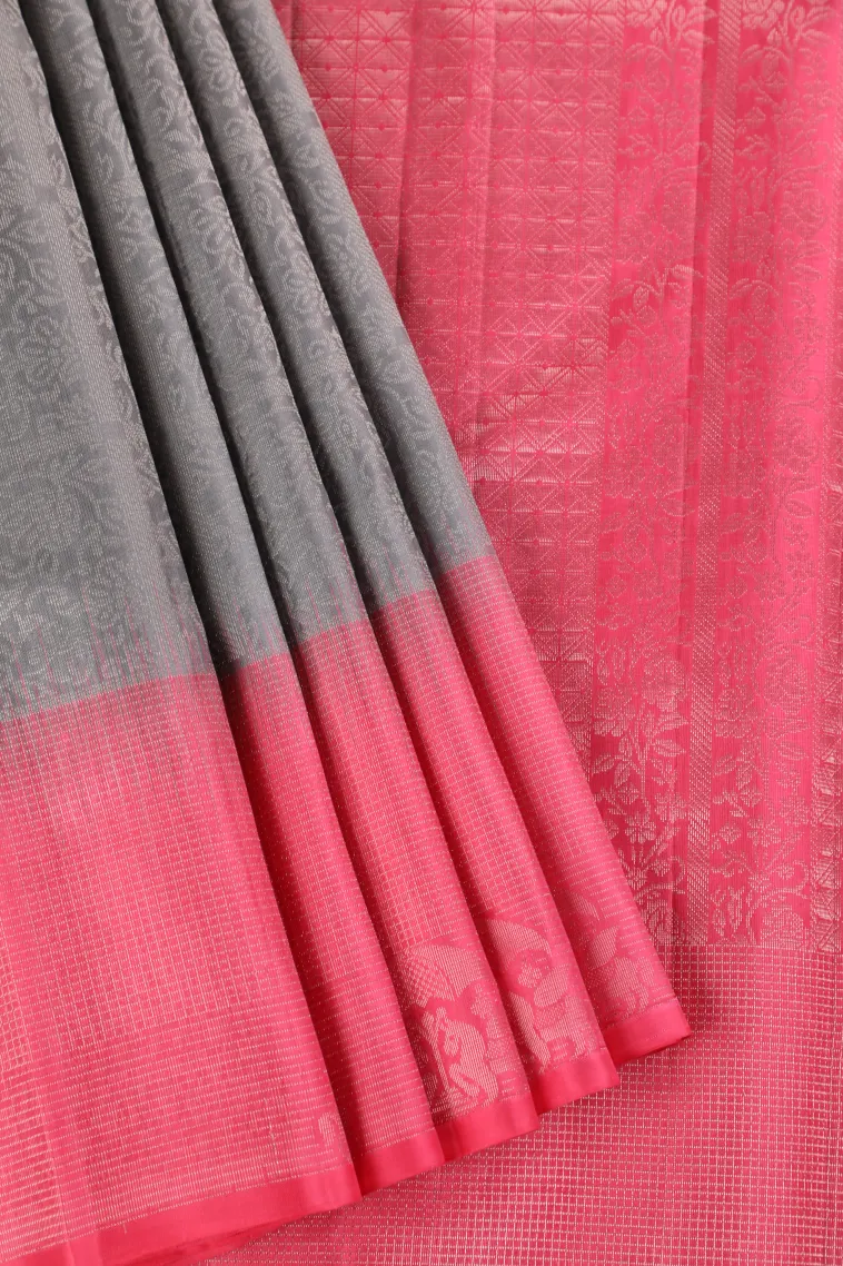 Gray Black Soft Silk Saree with Silver Zari Checks And Puttas