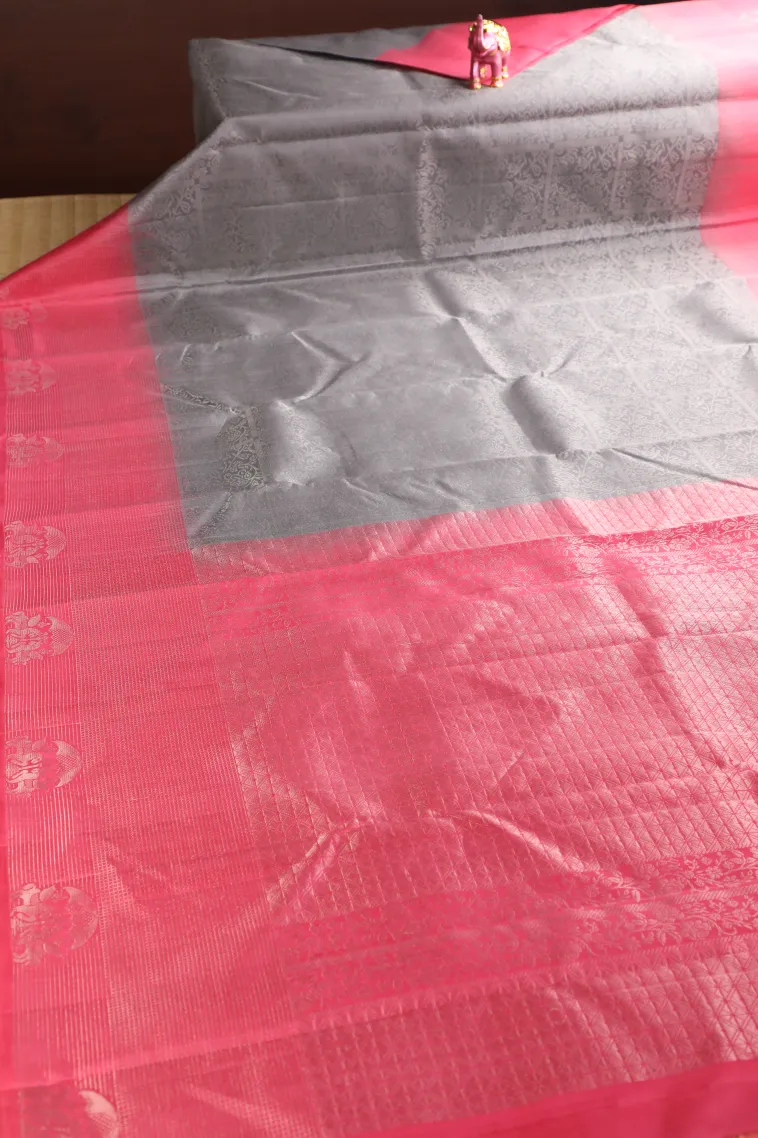 Gray Black Soft Silk Saree with Silver Zari Checks And Puttas view 2