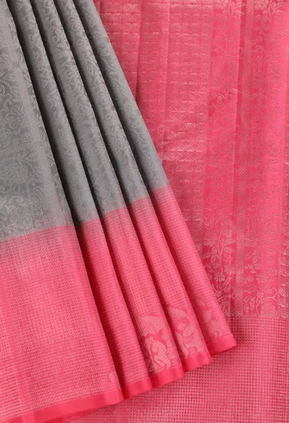 Gray Black Soft Silk Saree with Silver Zari Checks And Puttas