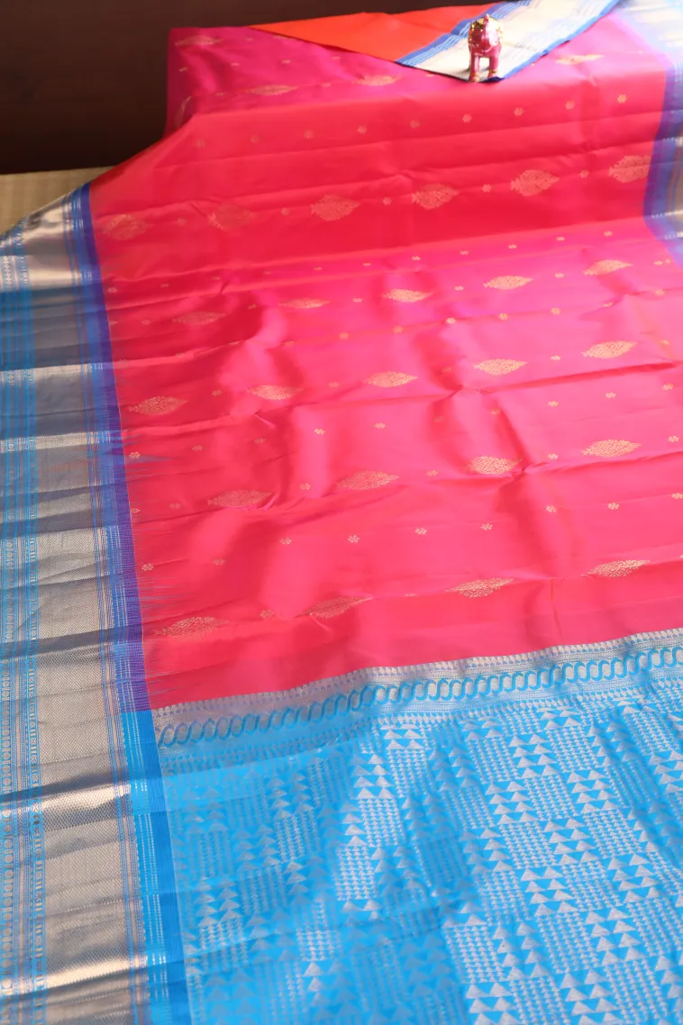 Punch Pink Soft Silk Saree with Gold Zari Buttis (small Dots Or Motifs) view 2