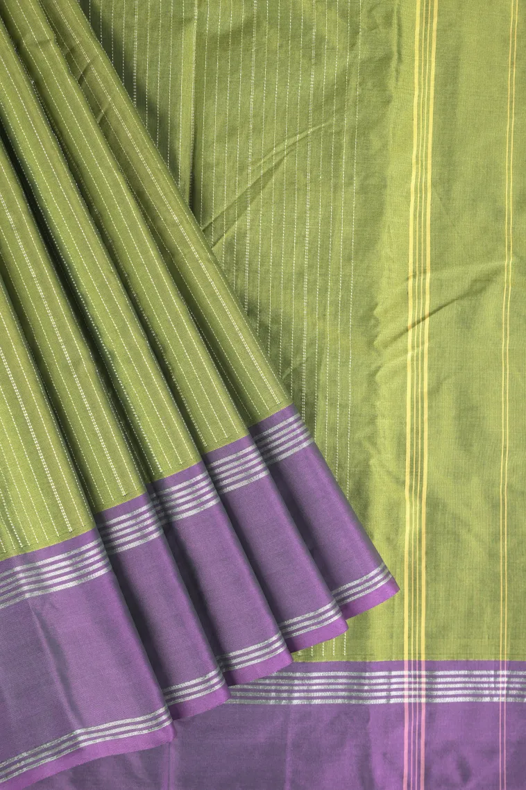 Olive Green Arani Silk Sarees with Silver Zari Stripes view 1