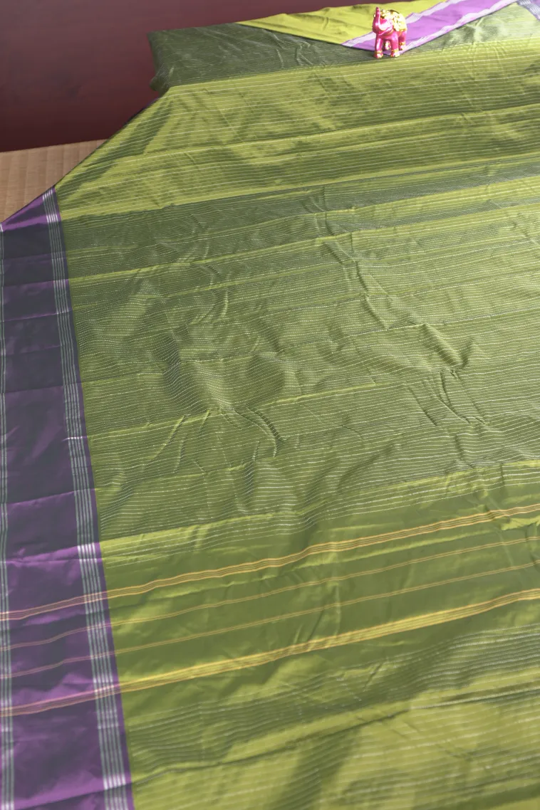 Olive Green Arani Silk Sarees with Silver Zari Stripes view 2