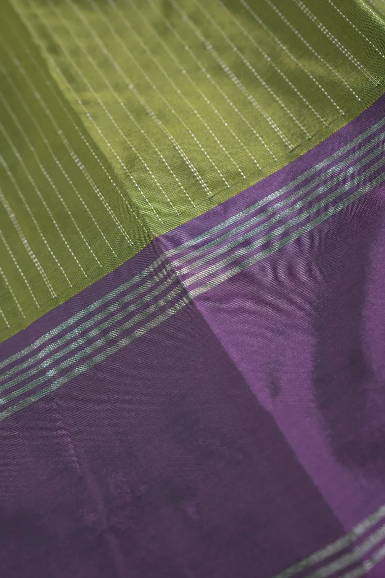Olive Green Arani Silk Sarees with Silver Zari Stripes view 3