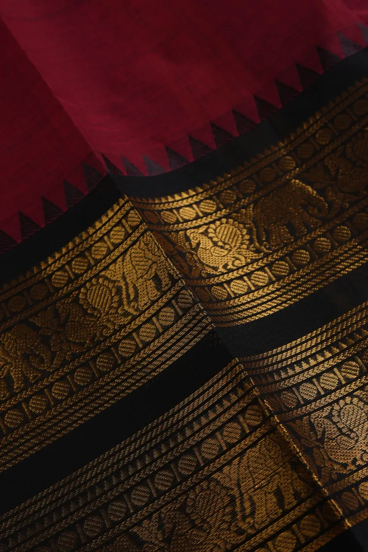 Garnet Red Chettinad Cotton Sarees with Gold Zari Plain view 3