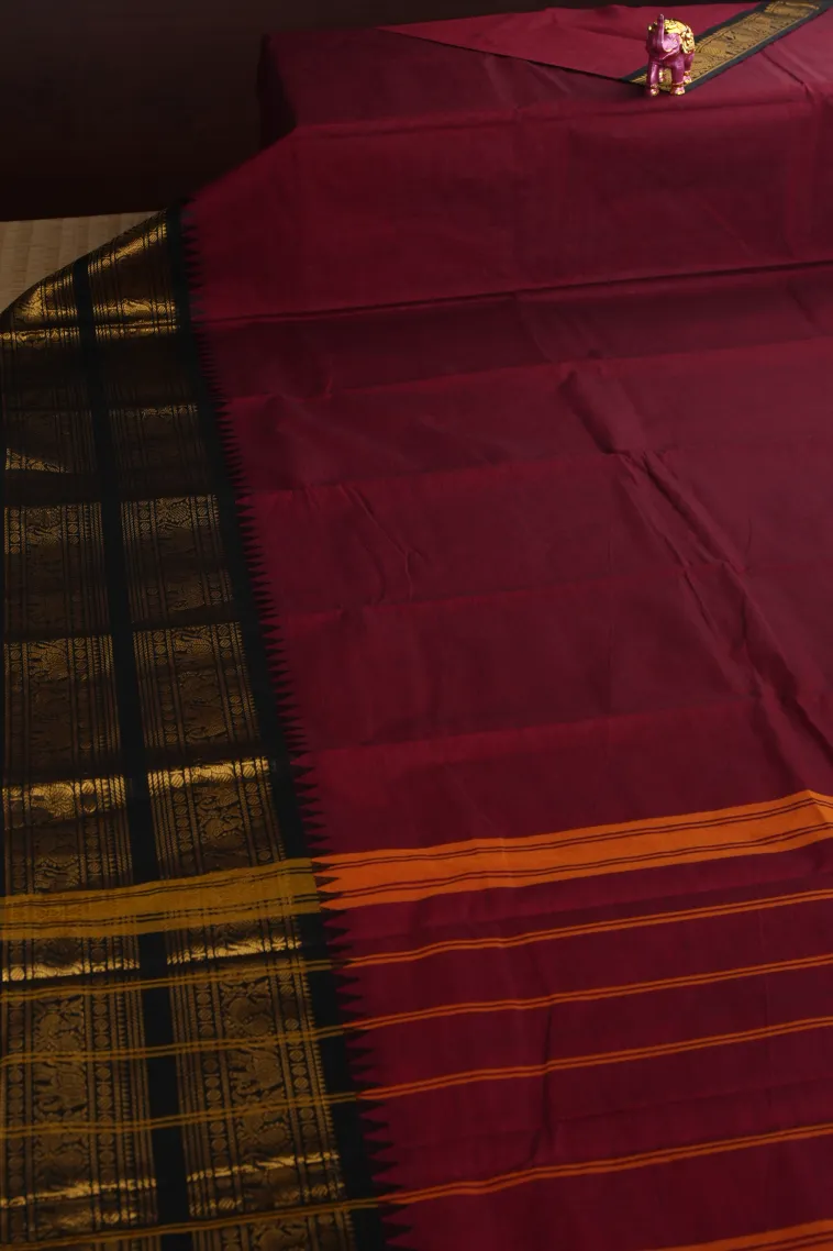 Garnet Red Chettinad Cotton Sarees with Gold Zari Plain view 2