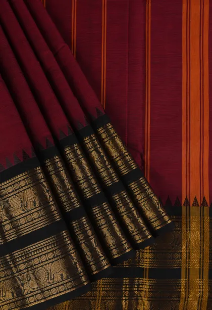Garnet Red Chettinad Cotton Sarees with Gold Zari Plain