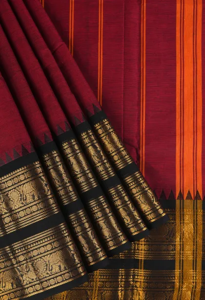 Garnet Red Chettinad Cotton Sarees with Gold Zari Plain