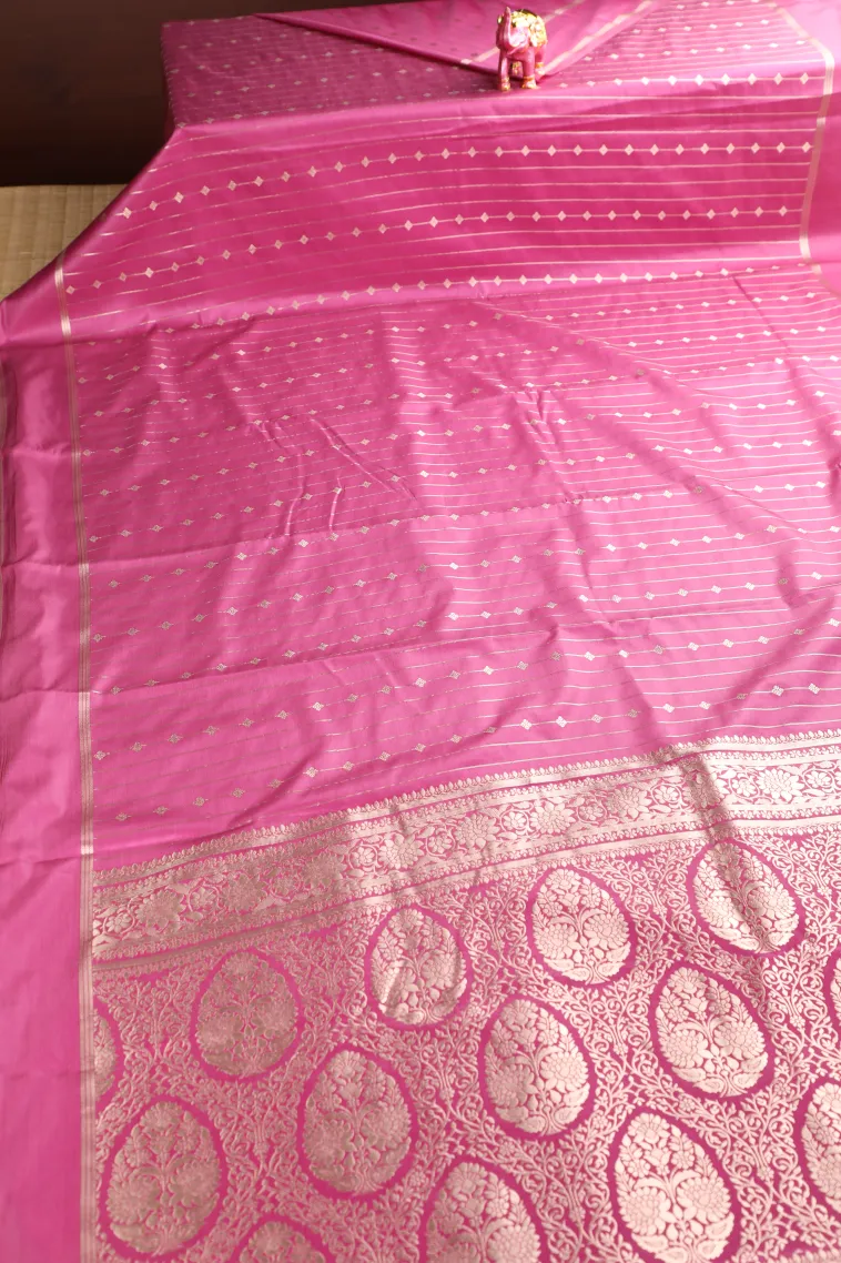 Ballet Pink Mysore Silk with Bronze Zari Stripes And Puttas view 2