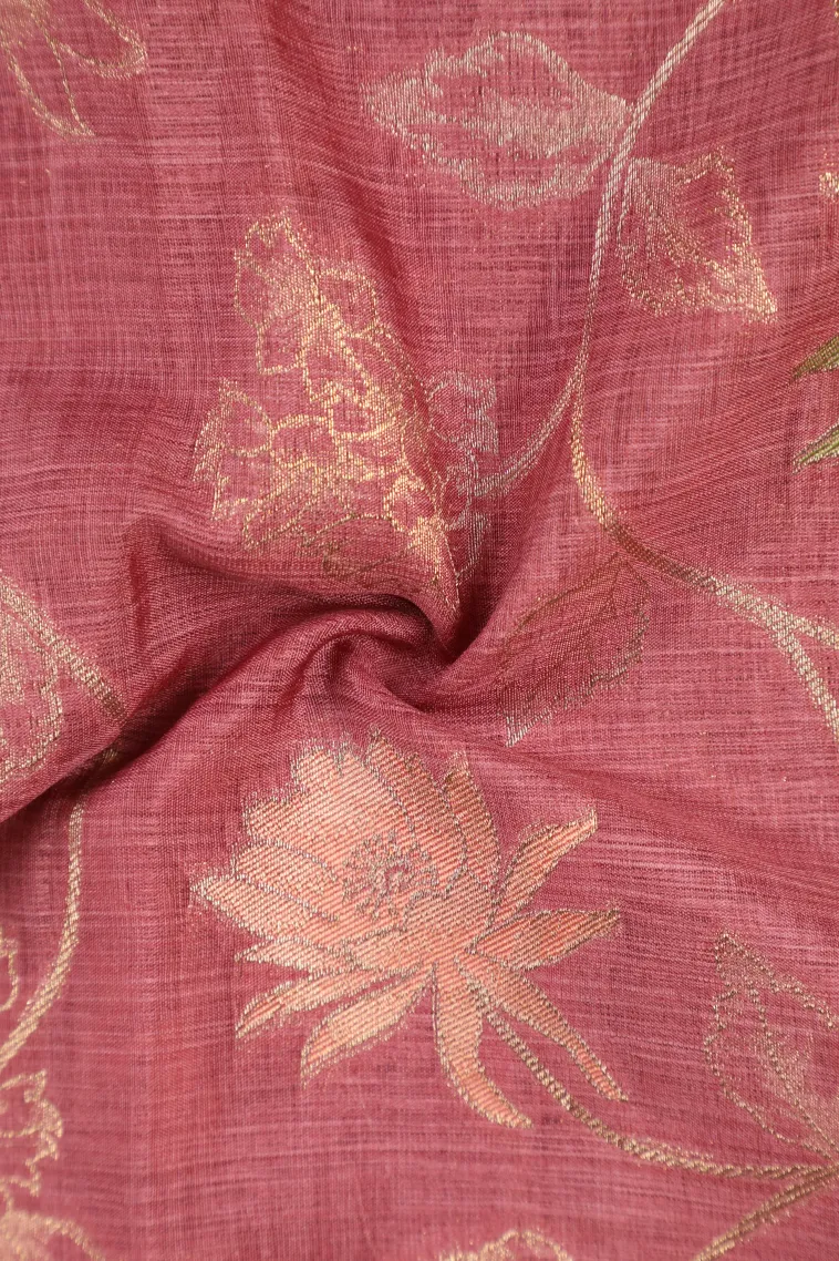 Rouge Pink Semi Tussar Silk with Bronze Zari Floral Patterns view 4