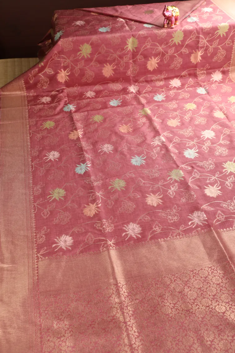 Rouge Pink Semi Tussar Silk with Bronze Zari Floral Patterns view 2