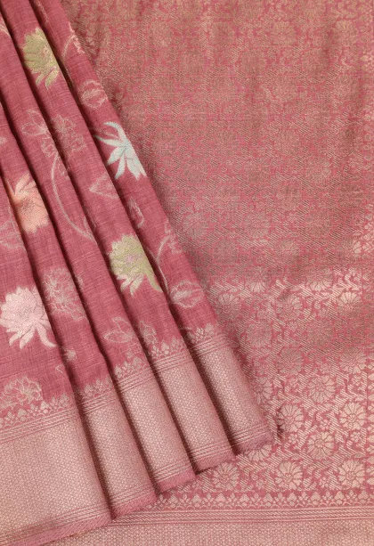 Rouge Pink Semi Tussar Silk with Bronze Zari Floral Patterns