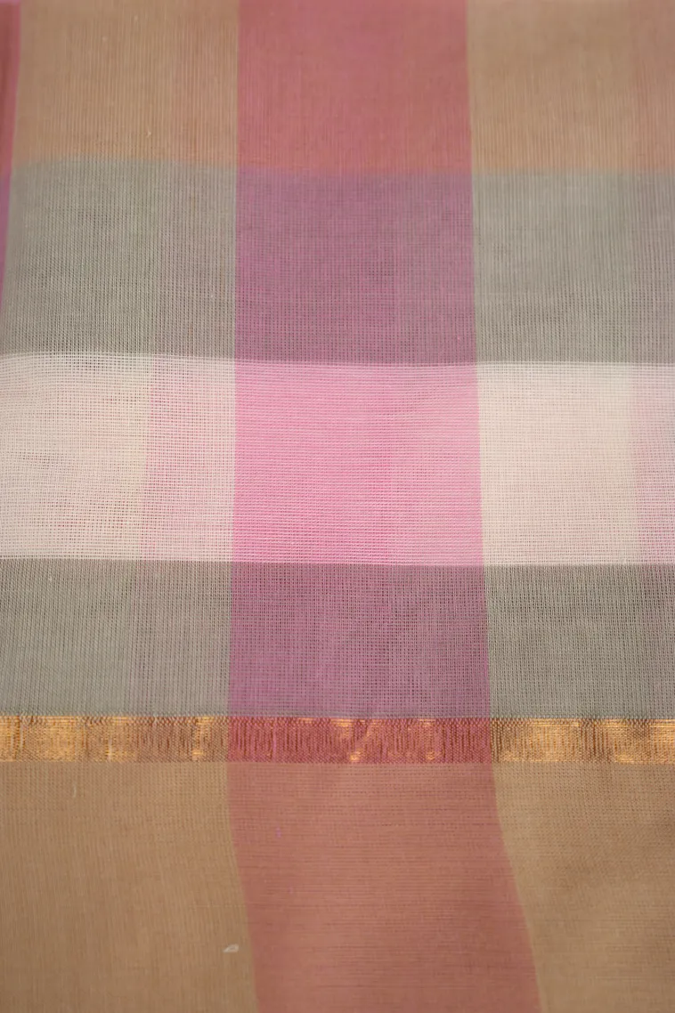 Cotton White Kanchi Cotton Sarees Without Zari With Checks And Puttas view 3