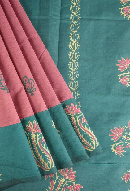 Rose Pink Poly Cotton Sarees Without Zari With Flower Mottif