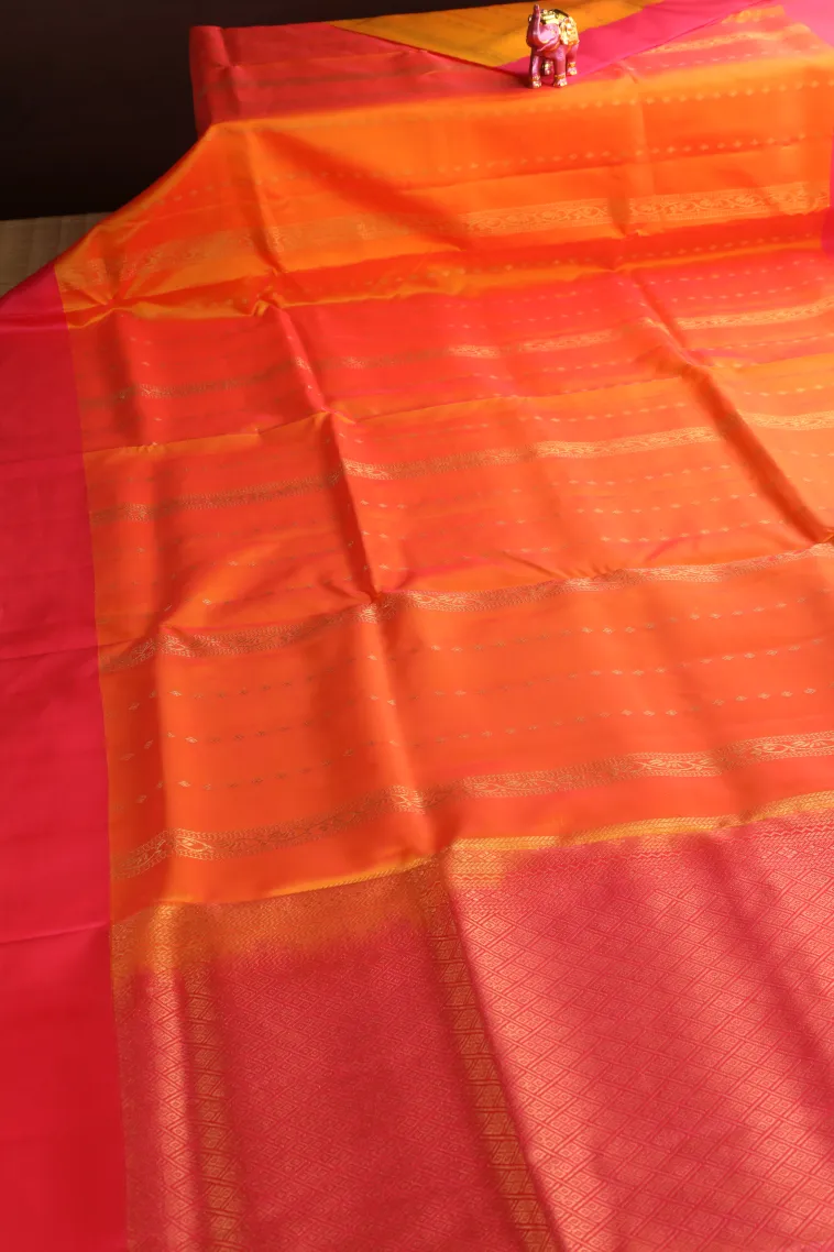 Carrot Orange Soft Silk Saree with Gold Zari Stripes And Puttas view 2
