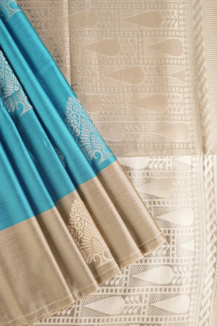 Cerulean Blue Soft Silk Saree with Gold Zari Tree Mottif view 1