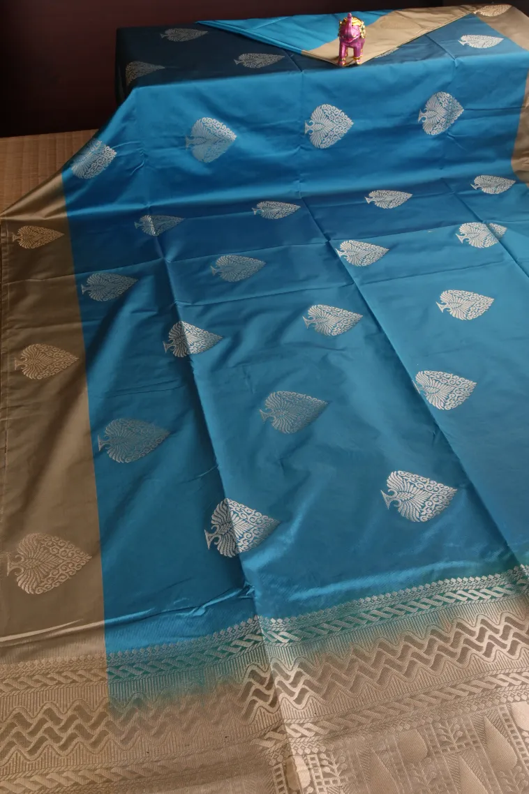 Cerulean Blue Soft Silk Saree with Gold Zari Tree Mottif view 2
