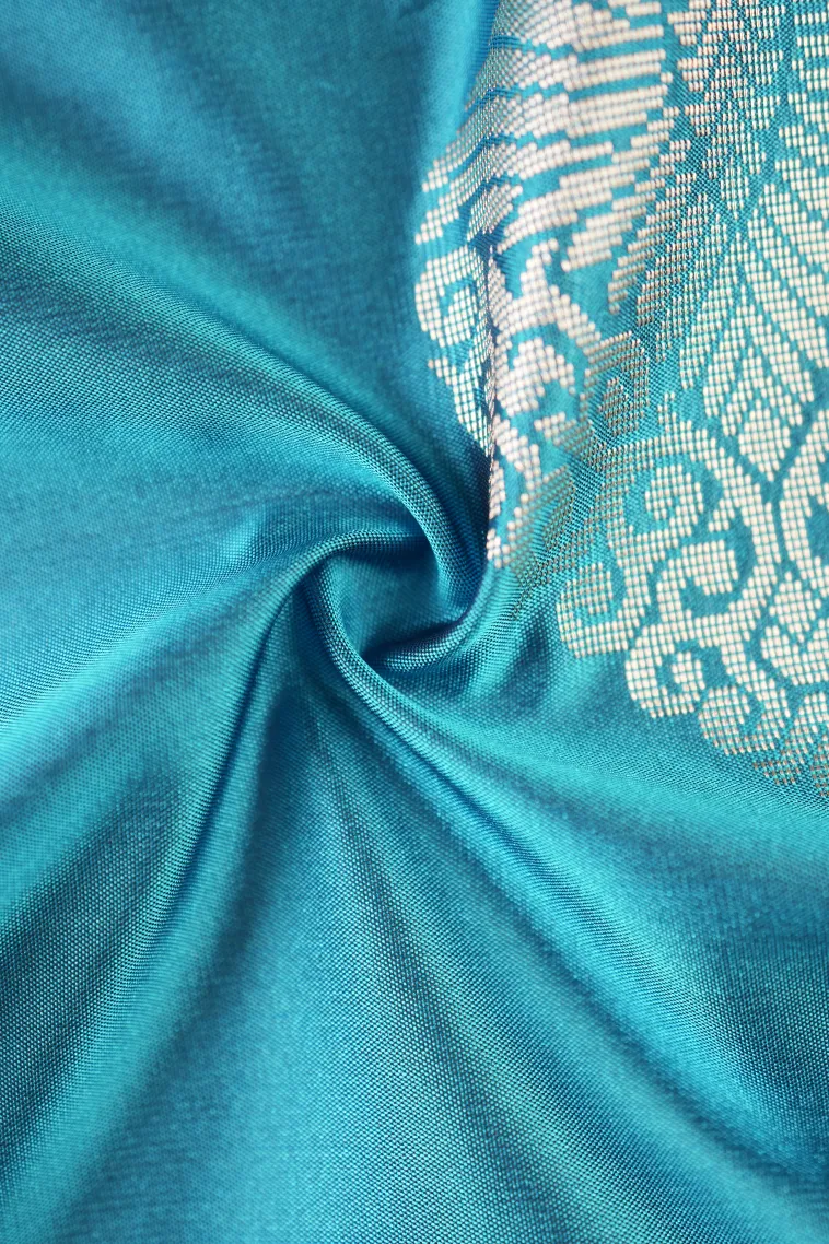Cerulean Blue Soft Silk Saree with Gold Zari Tree Mottif view 4