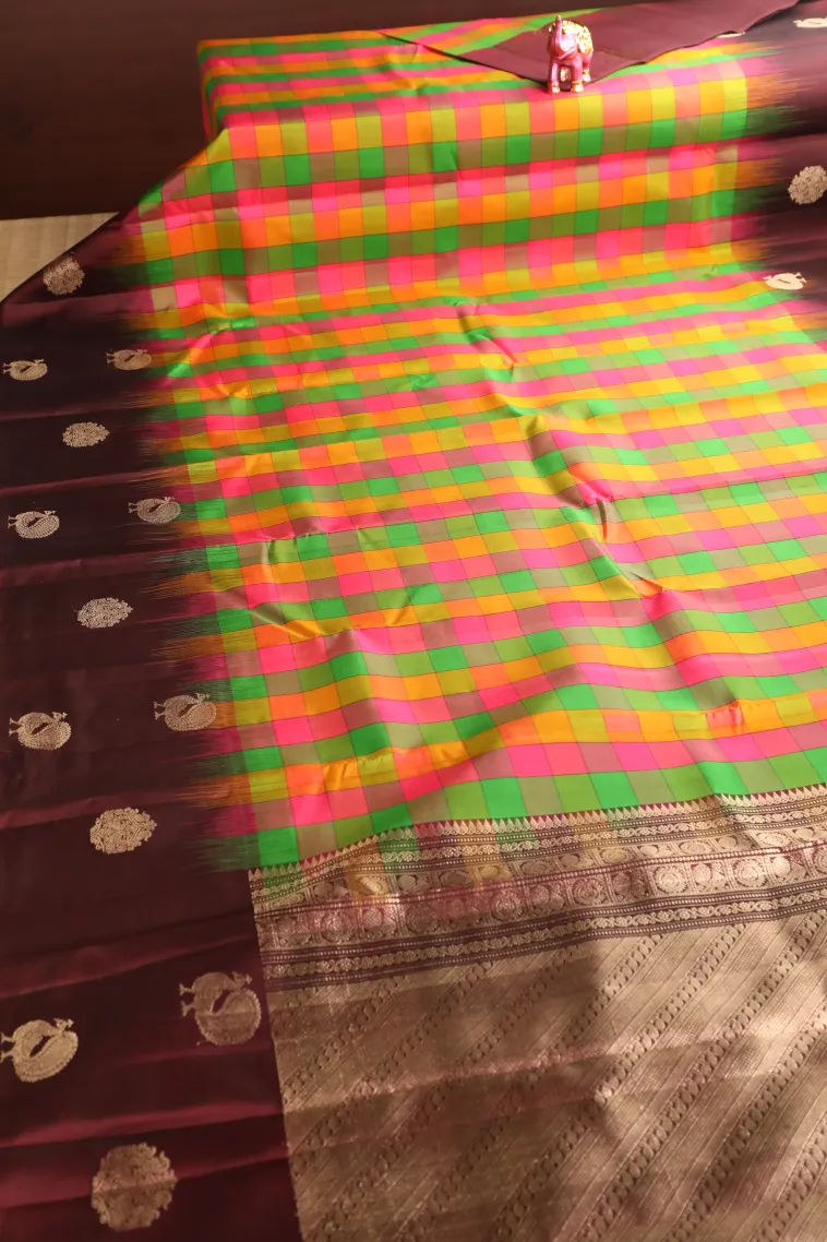 Emerald Green Soft Silk Saree with Gold Zari Checks view 2
