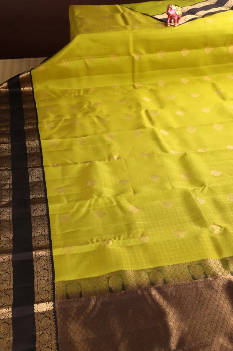 Lime Green Soft Silk Saree with Gold Zari Checks And Puttas view 2