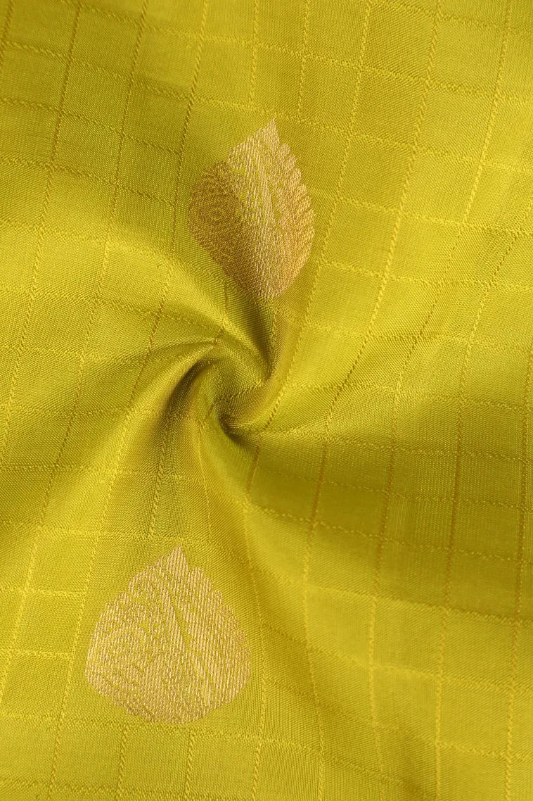 Lime Green Soft Silk Saree with Gold Zari Checks And Puttas view 4