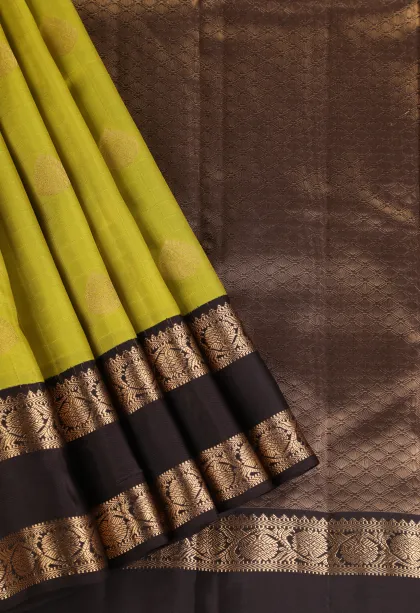 Lime Green Soft Silk Saree with Gold Zari Checks And Puttas