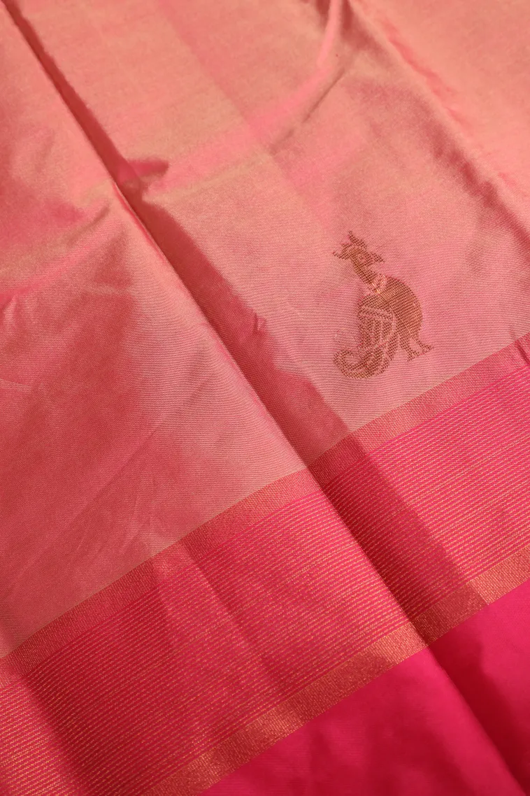 Rose Pink Arani Silk Sarees with Gold Zari Peacock Motifs view 3