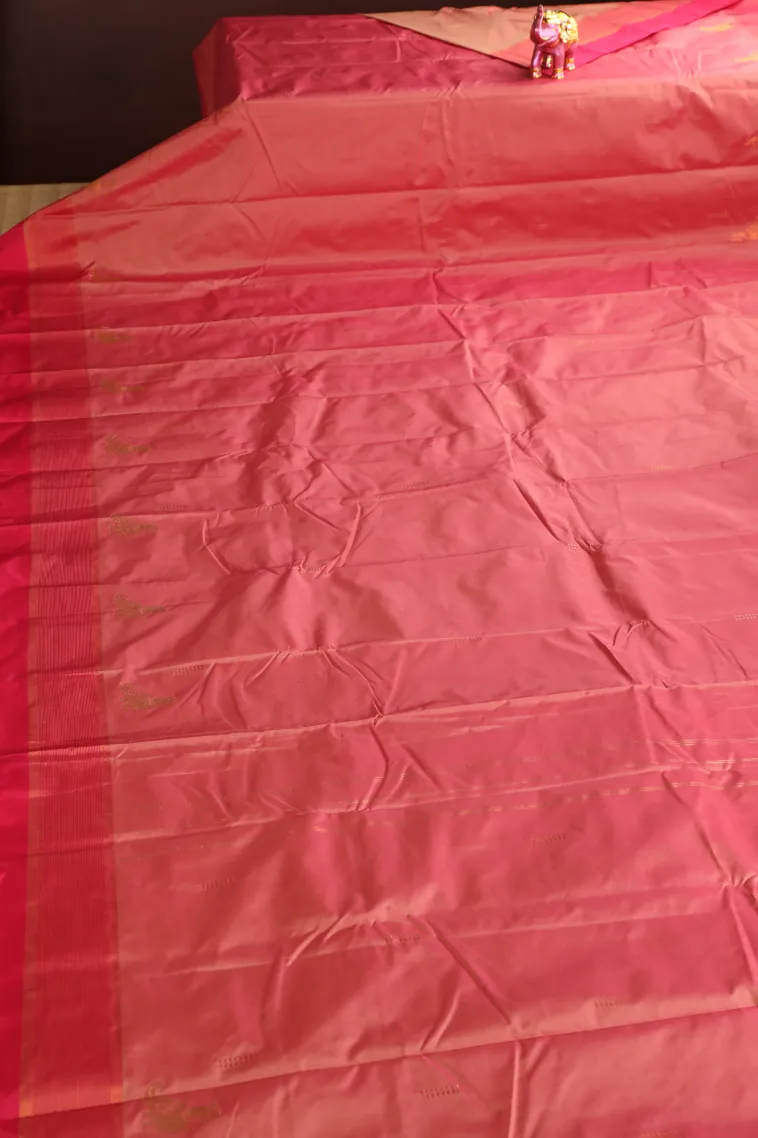 Rose Pink Arani Silk Sarees with Gold Zari Peacock Motifs view 2