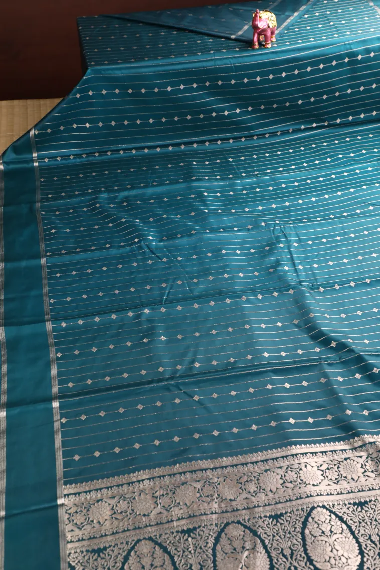 Aegean Blue Mysore Silk with Bronze Zari Stripes And Puttas view 2