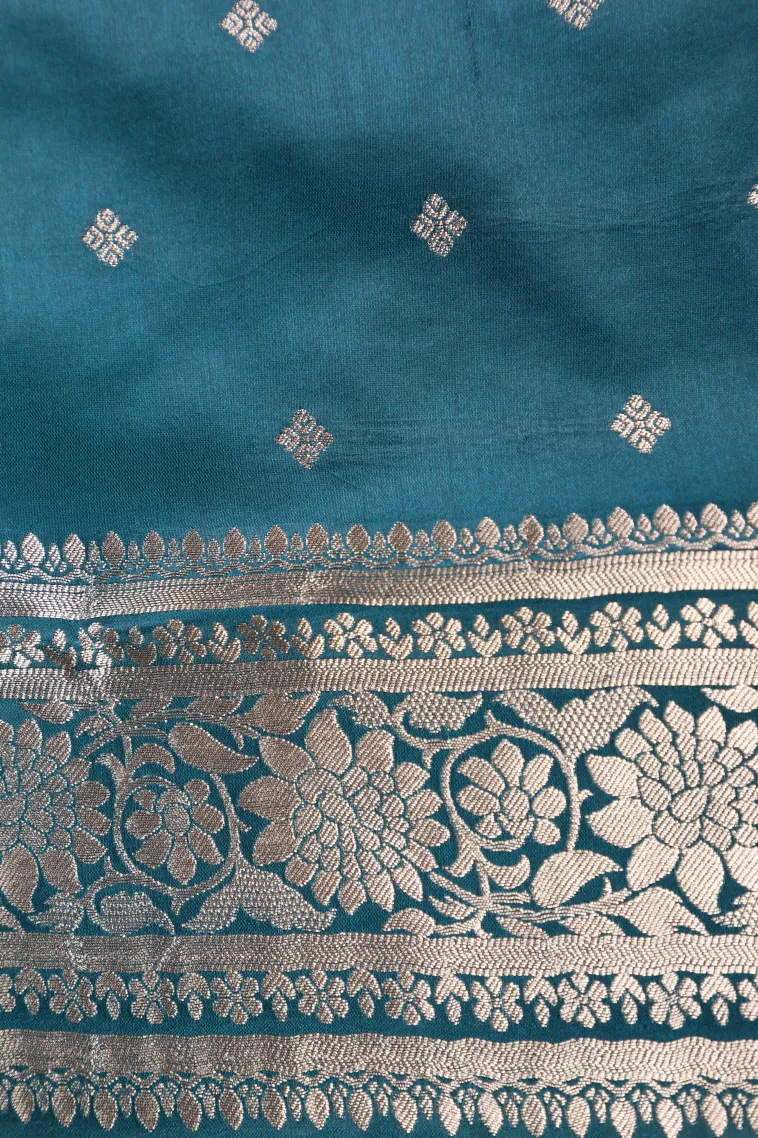 Aegean Blue Mysore Silk with Bronze Zari Stripes And Puttas view 3