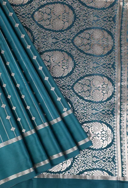 Aegean Blue Mysore Silk with Bronze Zari Stripes And Puttas