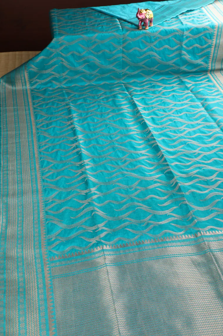 Sky Blue Banaras Sarees with Copper Zari Leaf Pattern view 2