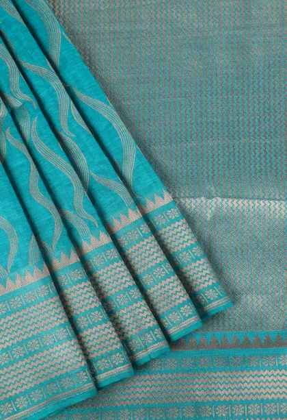 Sky Blue Banaras Sarees with Copper Zari Leaf Pattern