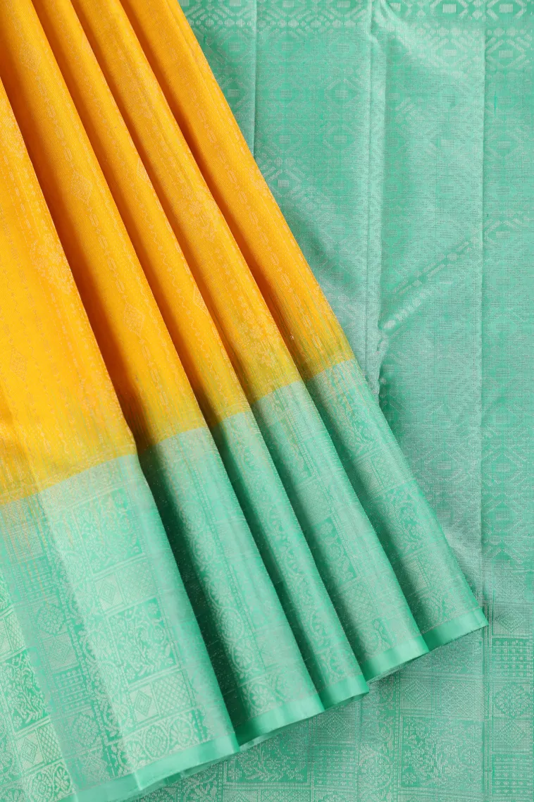 Bright Yellow Soft Silk Saree with Silver Zari Stripes view 1