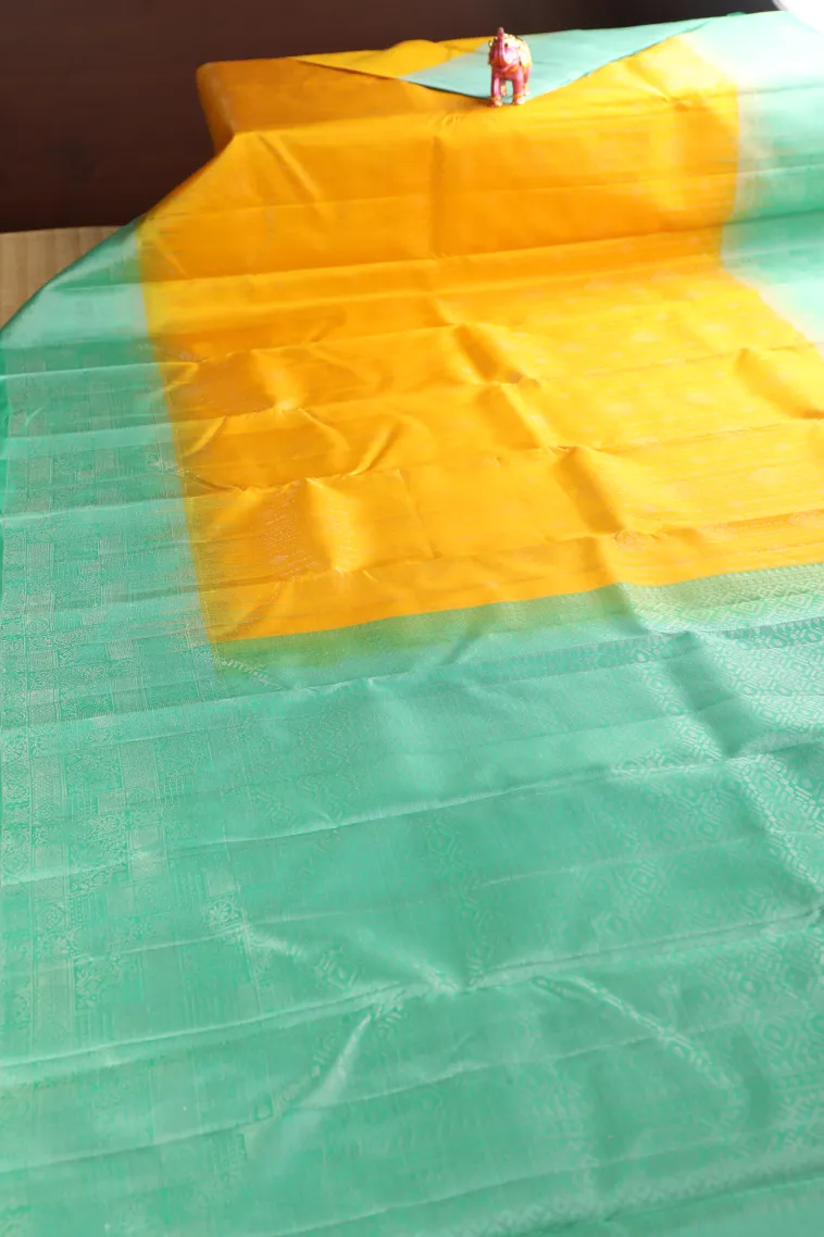 Bright Yellow Soft Silk Saree with Silver Zari Stripes view 2