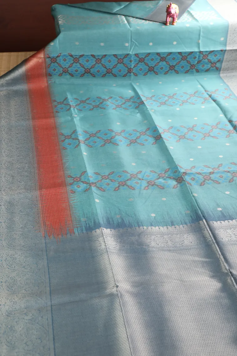 Teal Blue Tussar Saree with Bronze Zari Ikkat view 2