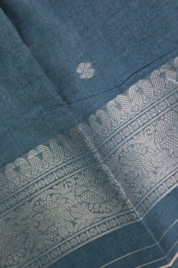 Teal Blue Tussar Saree with Bronze Zari Ikkat view 3