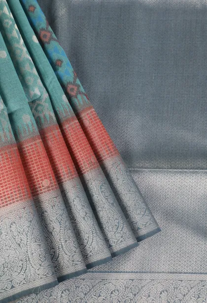 Teal Blue Tussar Saree with Bronze Zari Ikkat