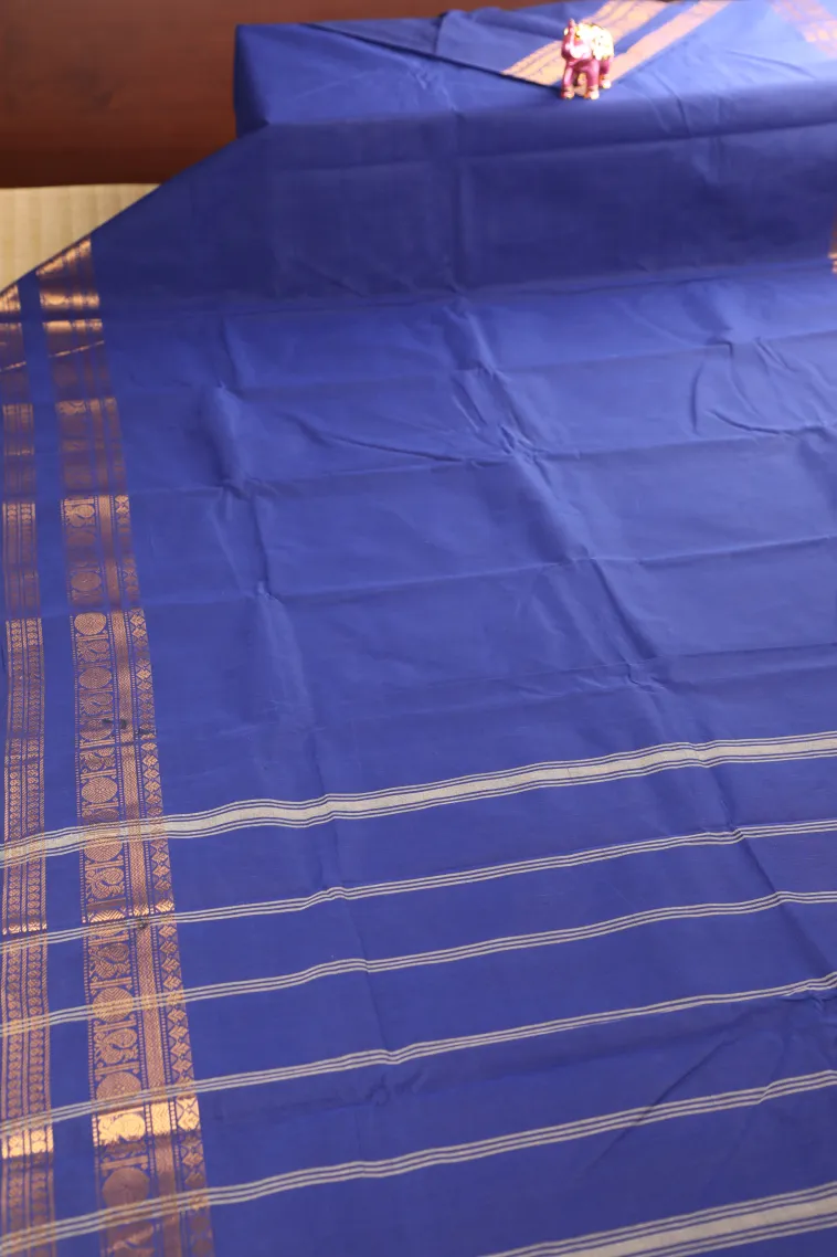Lapis Blue Chettinad Cotton Sarees with Gold Zari Plain view 2