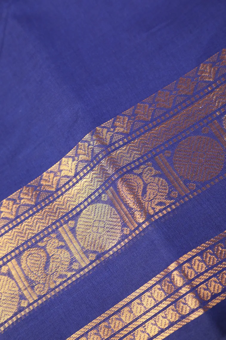 Lapis Blue Chettinad Cotton Sarees with Gold Zari Plain view 3