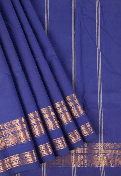 Lapis Blue Chettinad Cotton Sarees with Gold Zari Plain