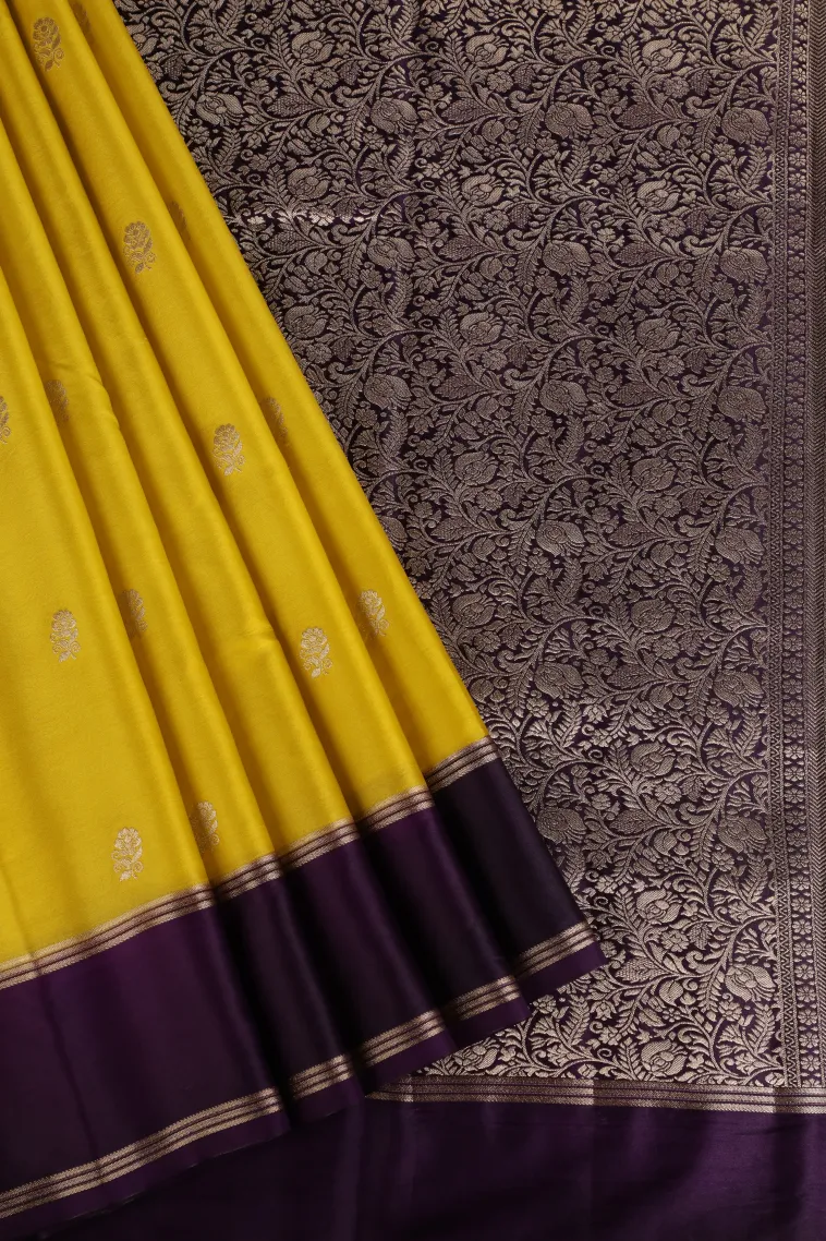 Lemon Yellow Mysore Silk with Gold Zari Flower Mottif