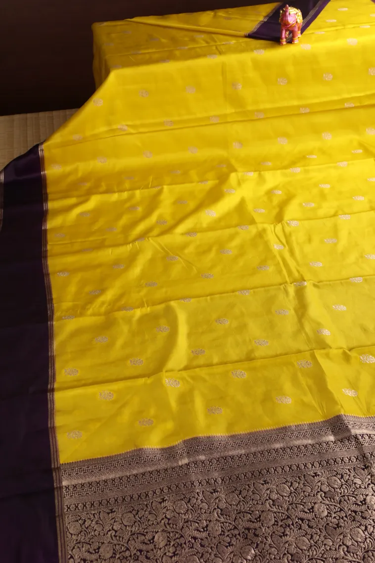 Lemon Yellow Mysore Silk with Gold Zari Flower Mottif view 2