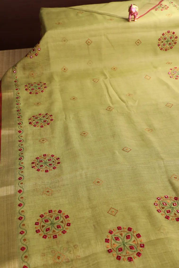 Olive Green Tissue Silk Sarees with Gold Zari Geometric Shapes view 2