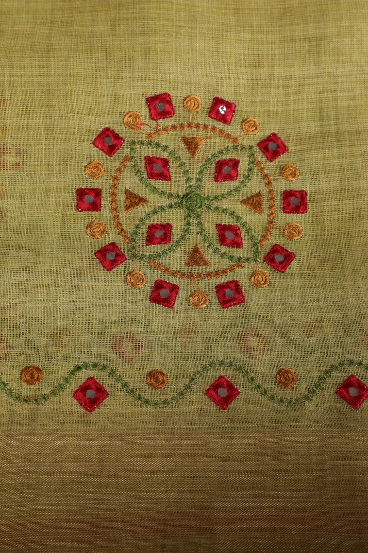 Olive Green Tissue Silk Sarees with Gold Zari Geometric Shapes view 3